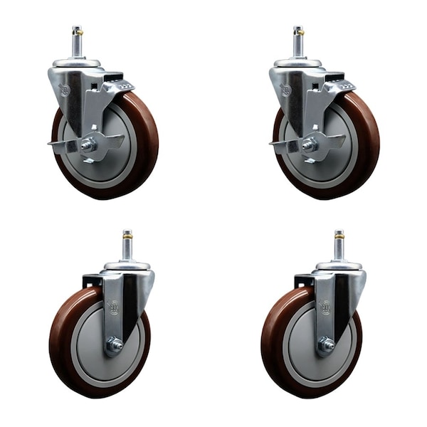 Service Caster 5'' Maroon Poly Wheel Swivel 7/16'' Grip Ring Stem Caster Set 2 Brakes, 4PK SCC-GR20S514-PPUB-MRN-TLB-716138-2S2 - main